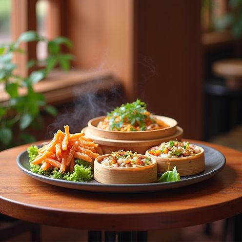 Table with dim sum dishes